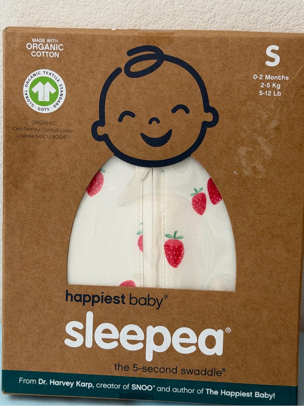 Happiest Baby Sleepea 5-Second Swaddle Ivory Strawberries, Size S, 0-2 months